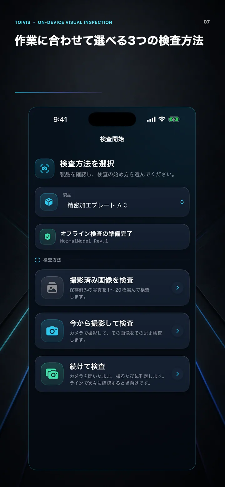 保存画像、一枚撮影、連続撮影を選択する画面